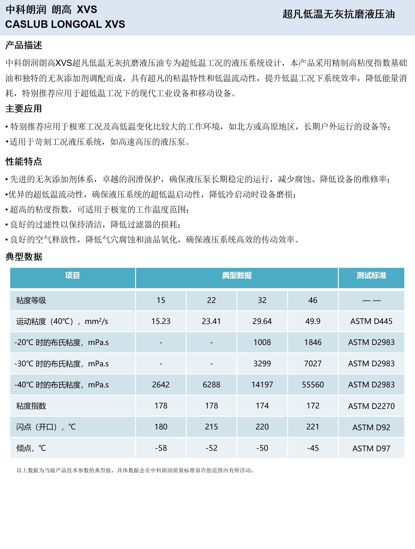 中科朗润-朗高 XVS 超凡低温无灰抗磨液压油